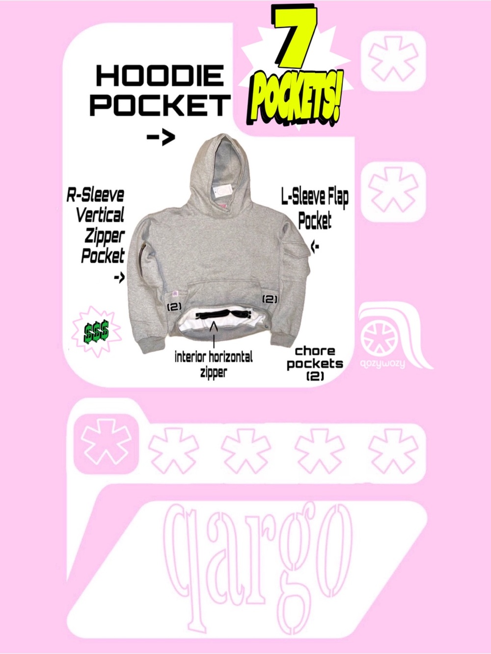 Gray Cargo Pullover Hoodie with 7 Pockets